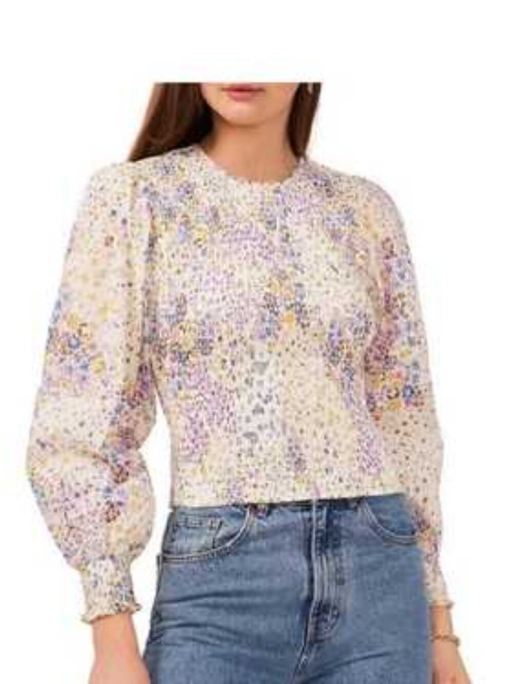 1.STATE Long Sleeve Smocked Top Floral  Size Large Business Casual